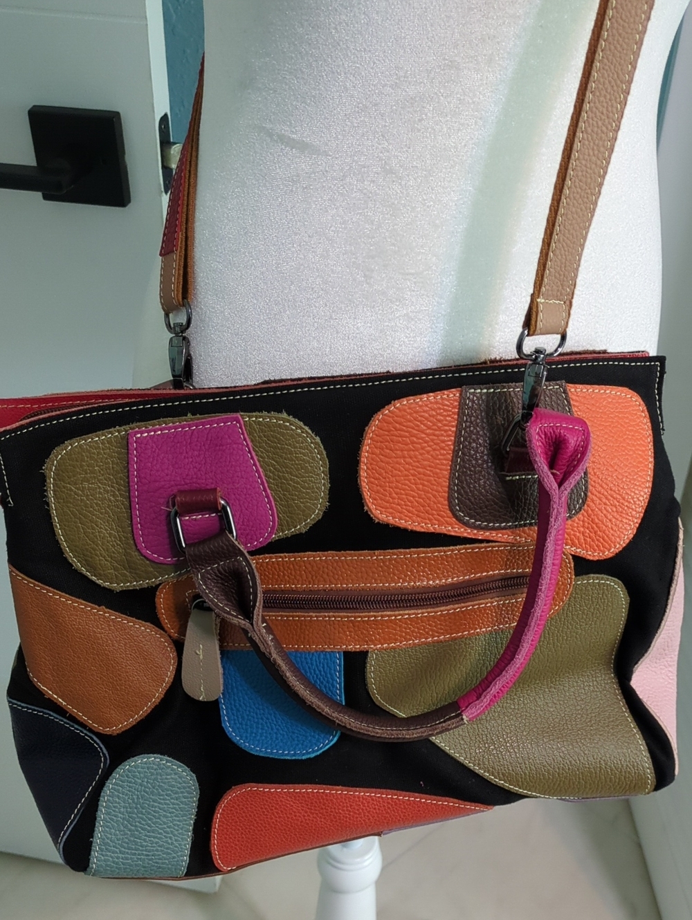 L'artiste Multicolor Geometric Leather Satchel Bag Shoulder Boho - Picture 2 of 7